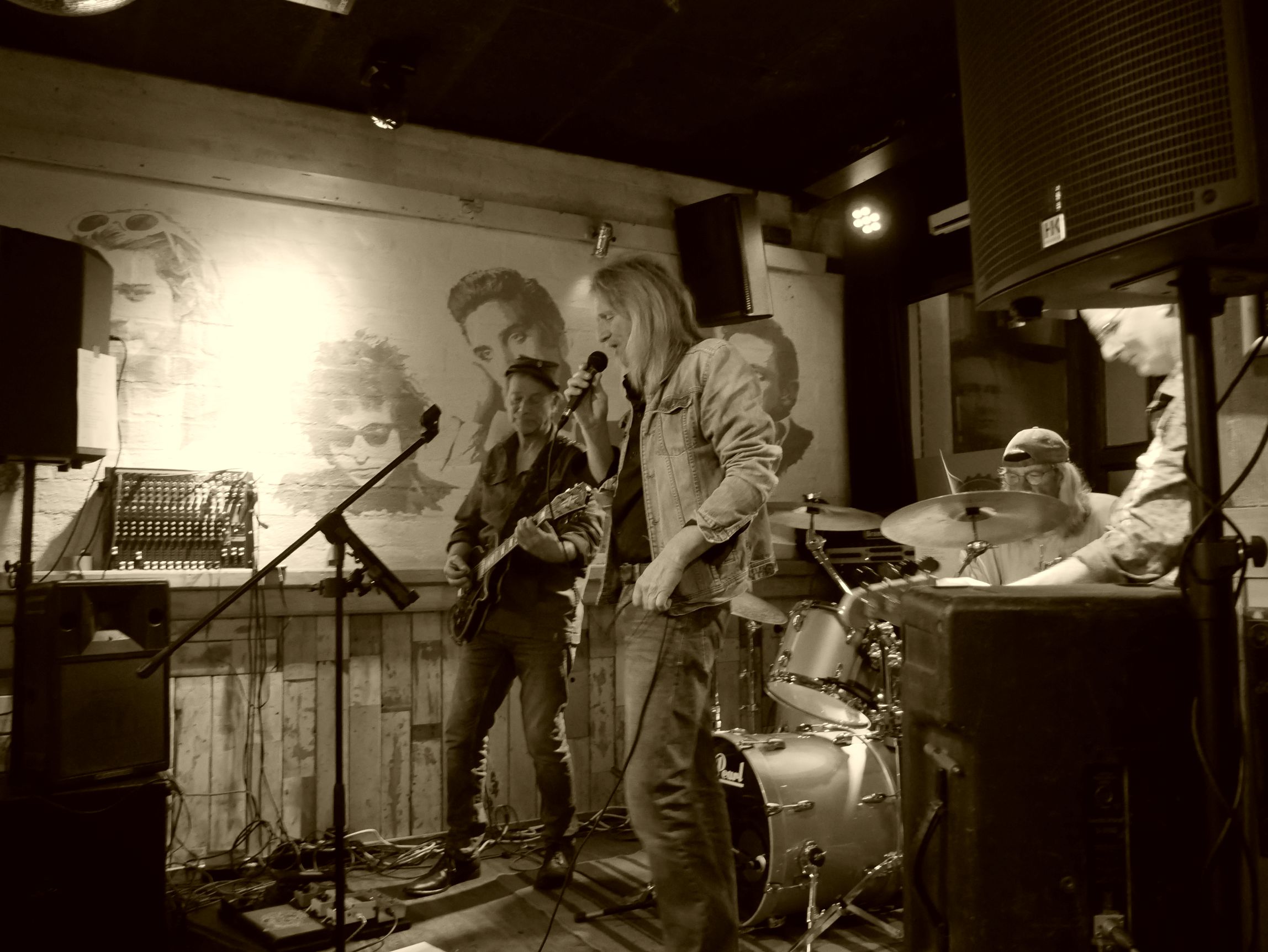 Publiek bij een optreden, view van achter het drumstel